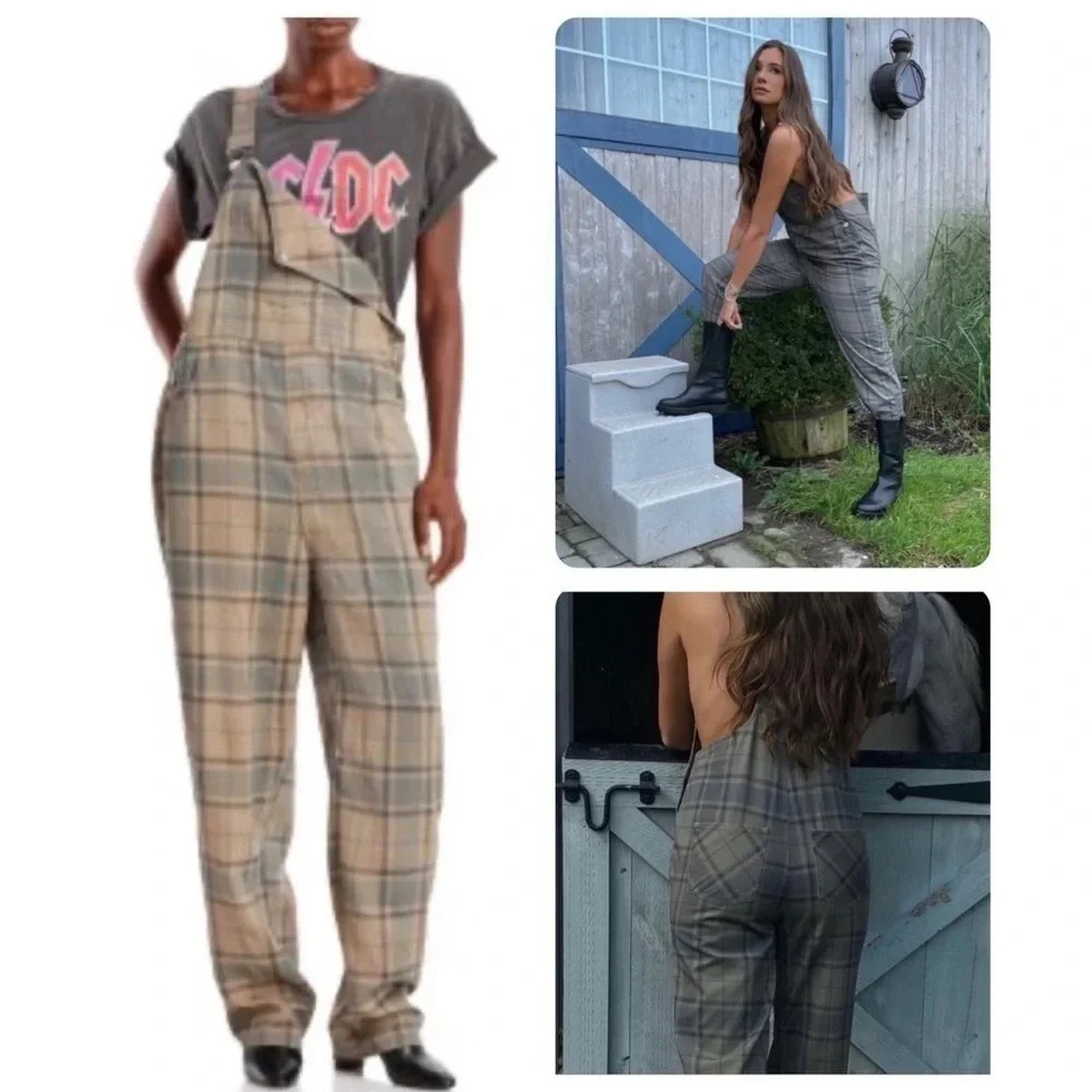 WeWoreWhat x Danielle Bernstein NWT REVOLVE Green Plaid Basic Overalls Small